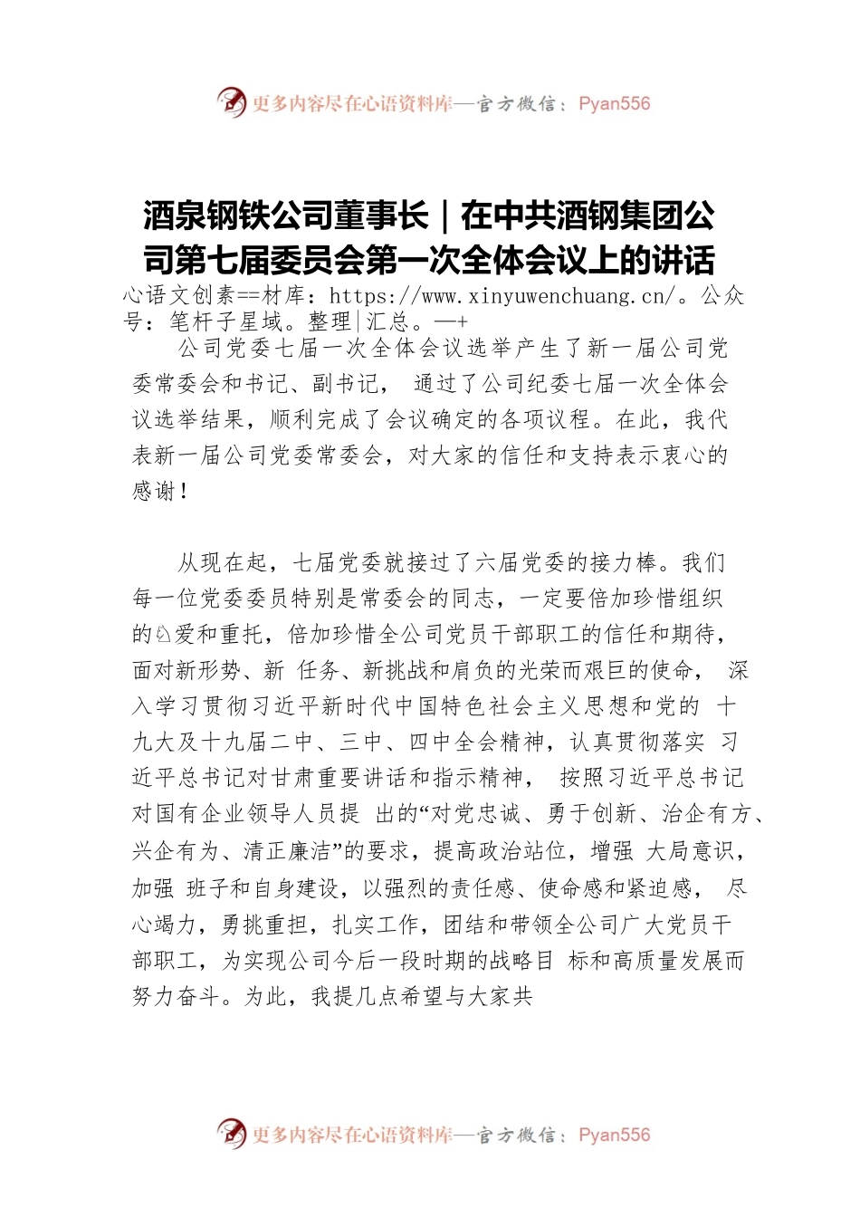 酒泉钢铁公司董事长｜在中共酒钢集团公司第七届委员会第一次全体会议上的讲话.docx_第1页