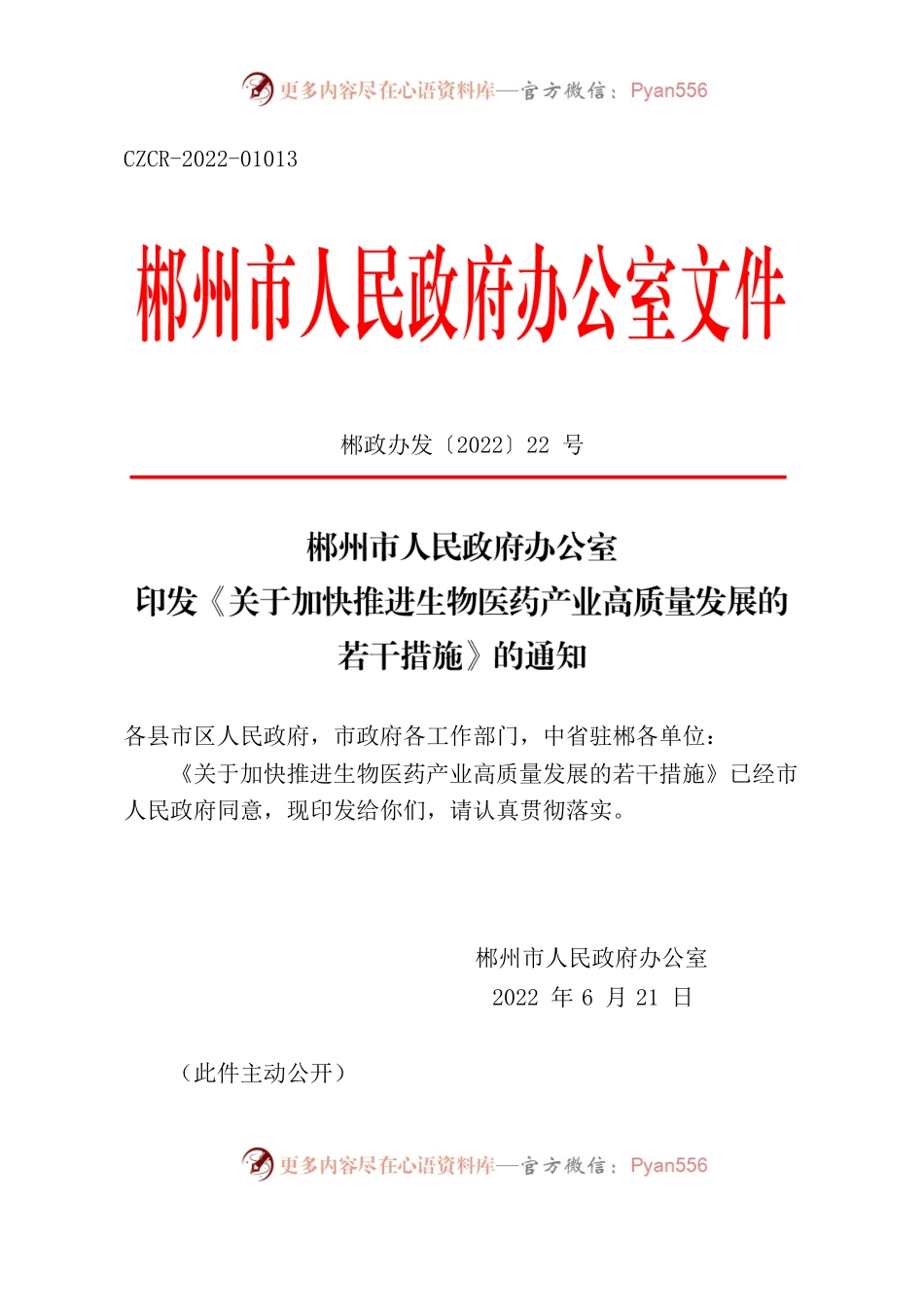 郴州市人民政府办公室印发《关于加快推进生物医药产业高质量发展的若干措施》的通知.docx_第1页