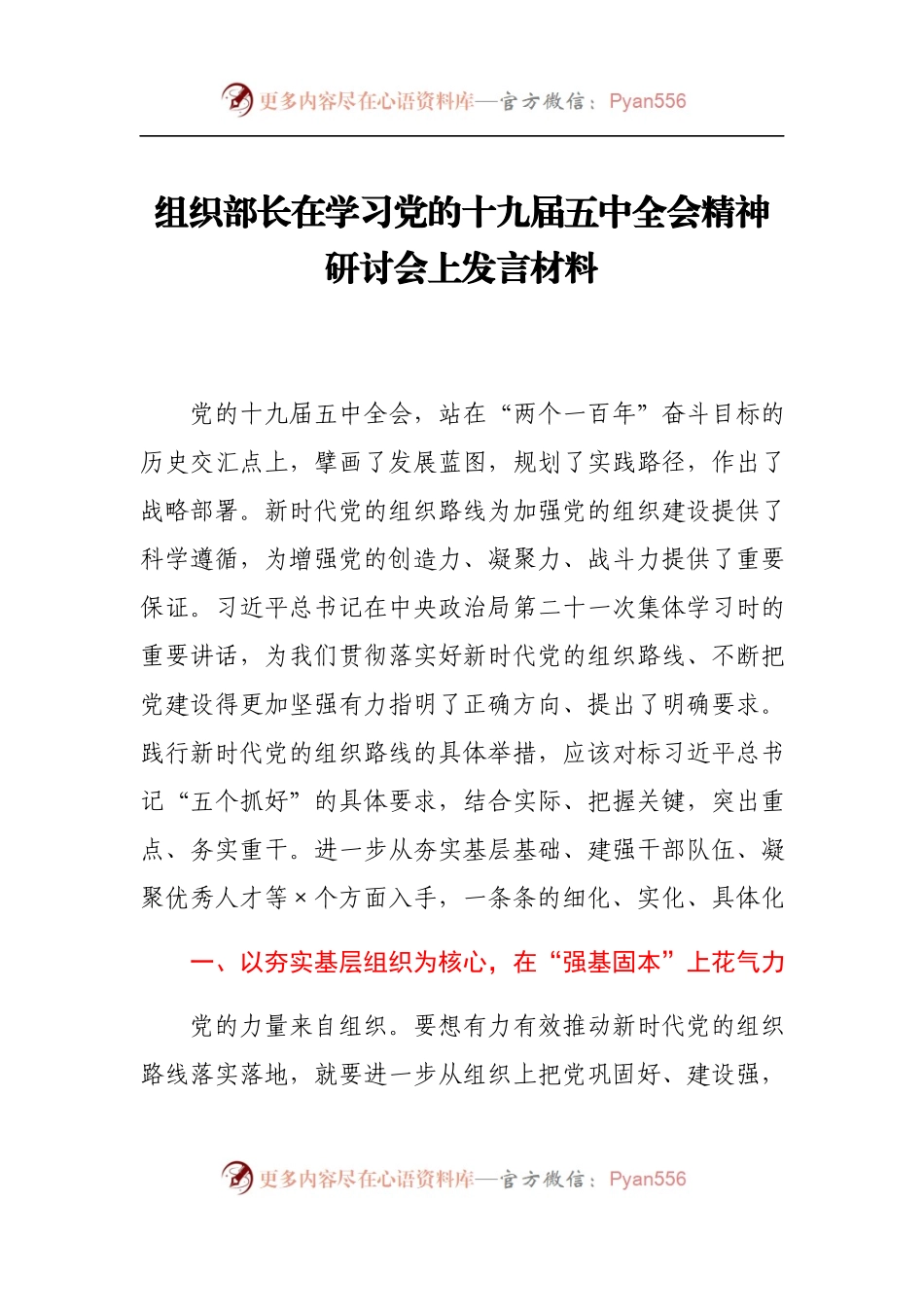 组织部长在学习党的十九届五中全会精神研讨会上发言材料.docx_第1页