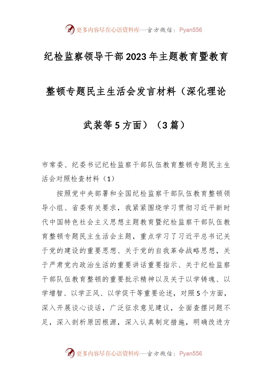 纪（3篇）检监察领导干部2023年主题教育暨教育整顿专题民主生活会发言稿材料（深化理论武装等5方面）.docx_第1页