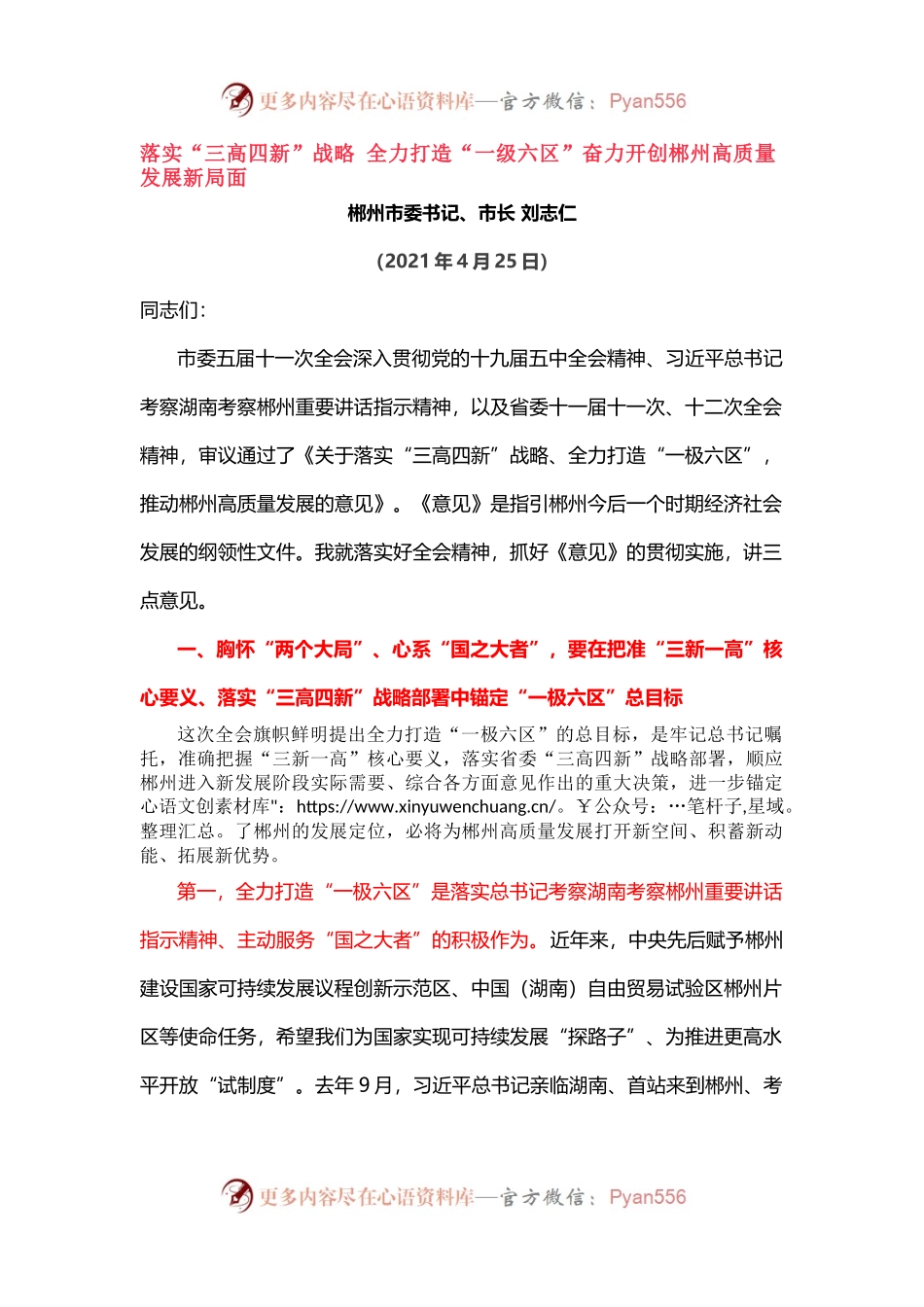 落实“三高四新”战略 全力打造“一级六区”奋力开创郴州高质量发展新局面.docx_第1页