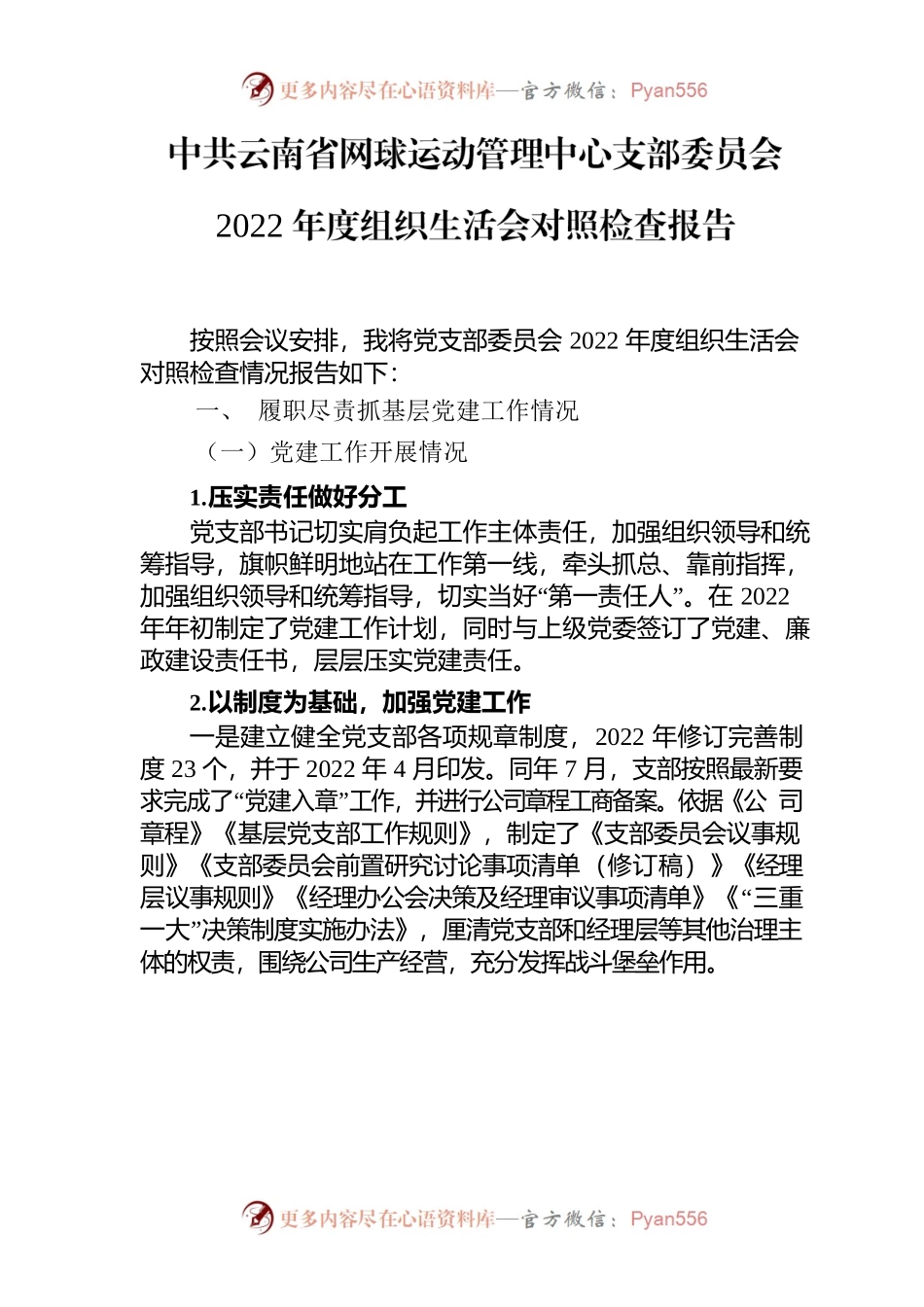 网球支部2022年度组织生活会对照检查报告.docx_第1页