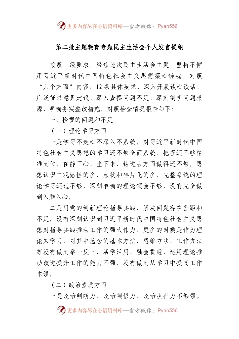 第二批主题教育专题民主生活会个人发言提纲.docx_第1页