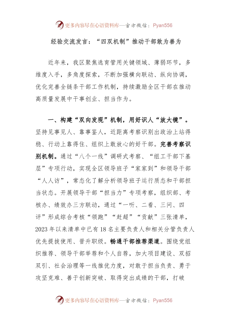 经验交流发言：“四双机制”推动干部敢为善为.docx_第1页