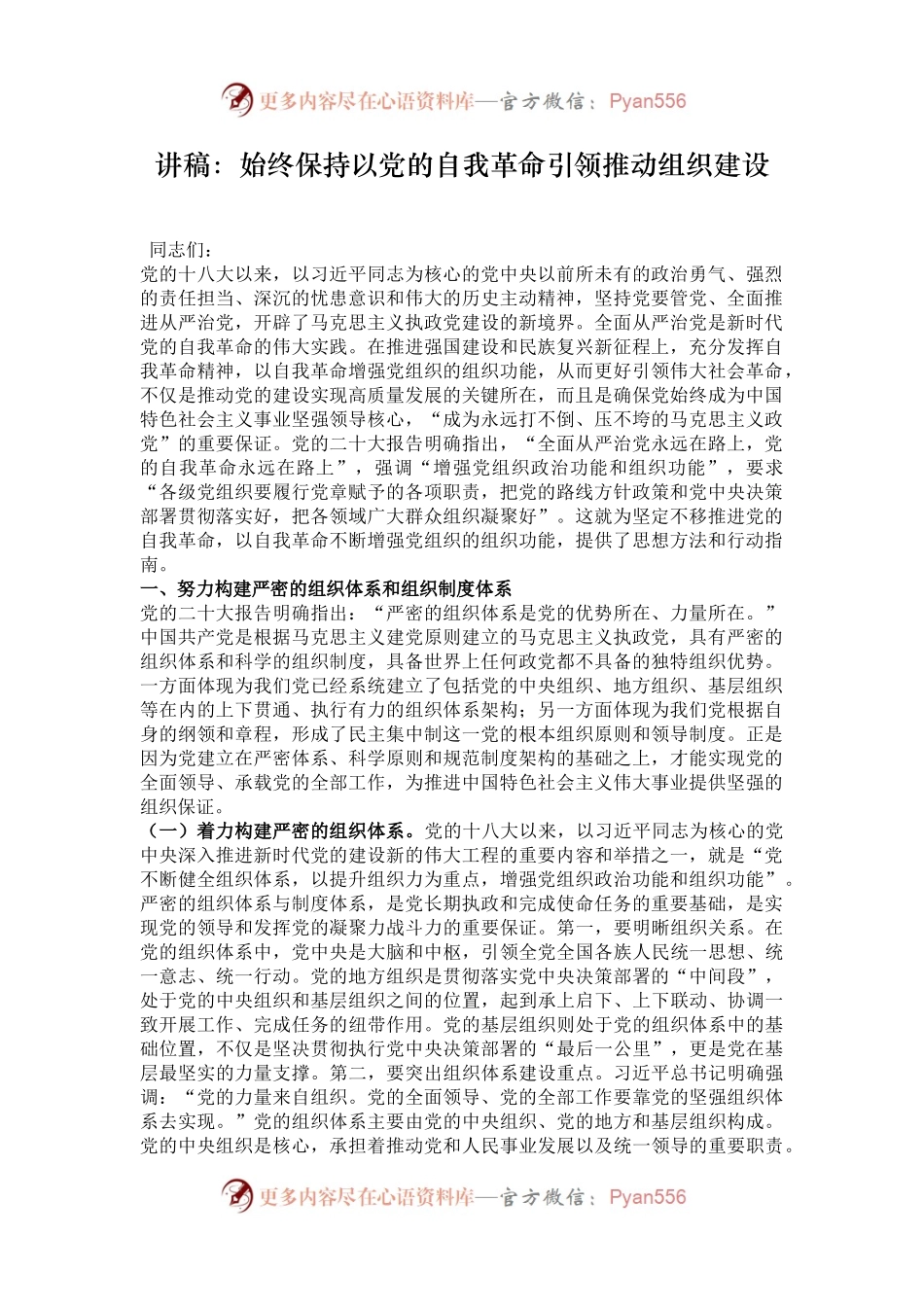 讲稿：始终保持以党的自我革命引领推动组织建设.docx_第1页