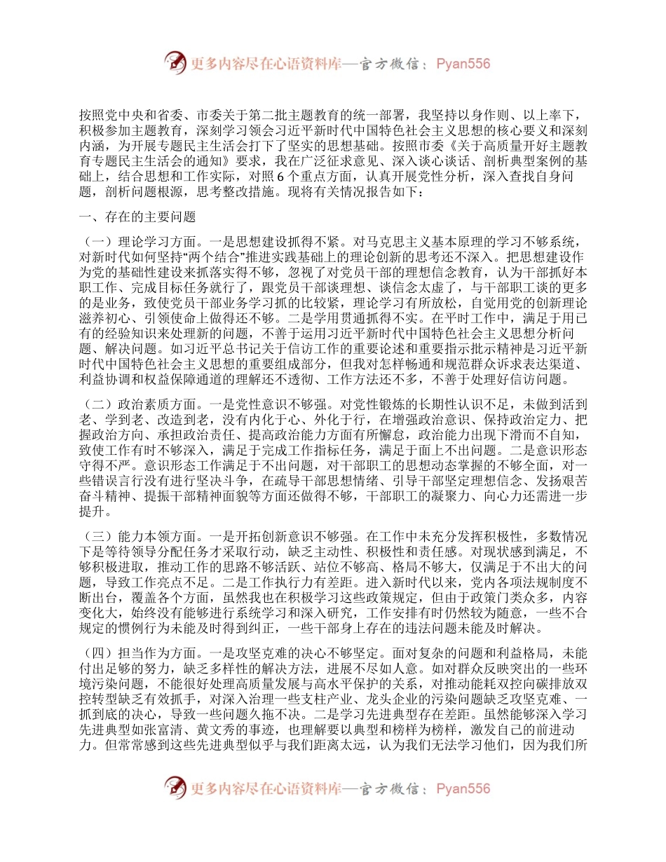 第二批主题教育专题民主生活会对照检查发言材料.docx_第1页