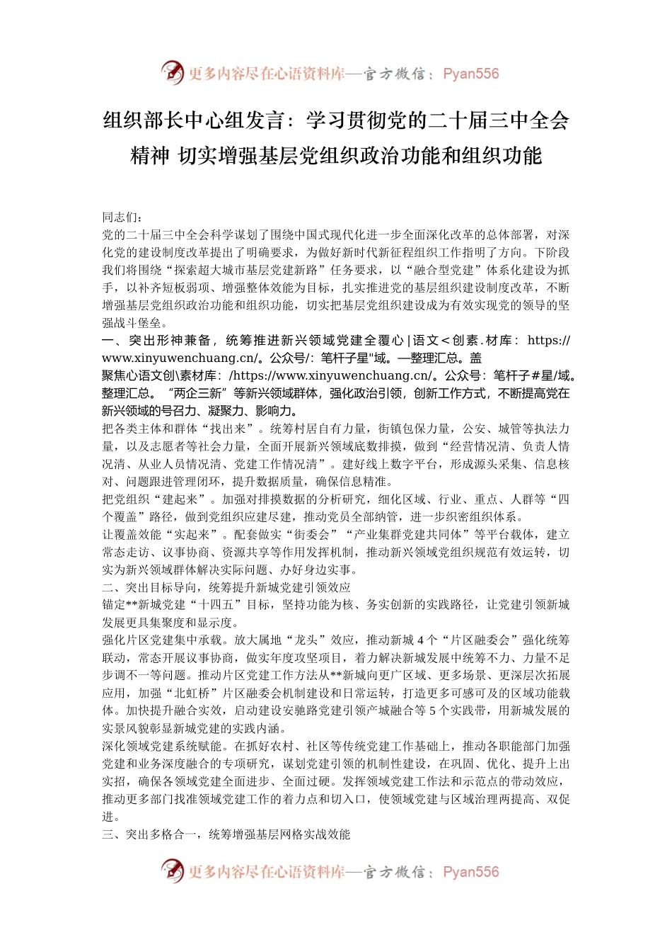 组织部长中心组发言：学习贯彻党的二十届三中全会精神 切实增强基层党组织政治功能和组织功能.docx_第1页