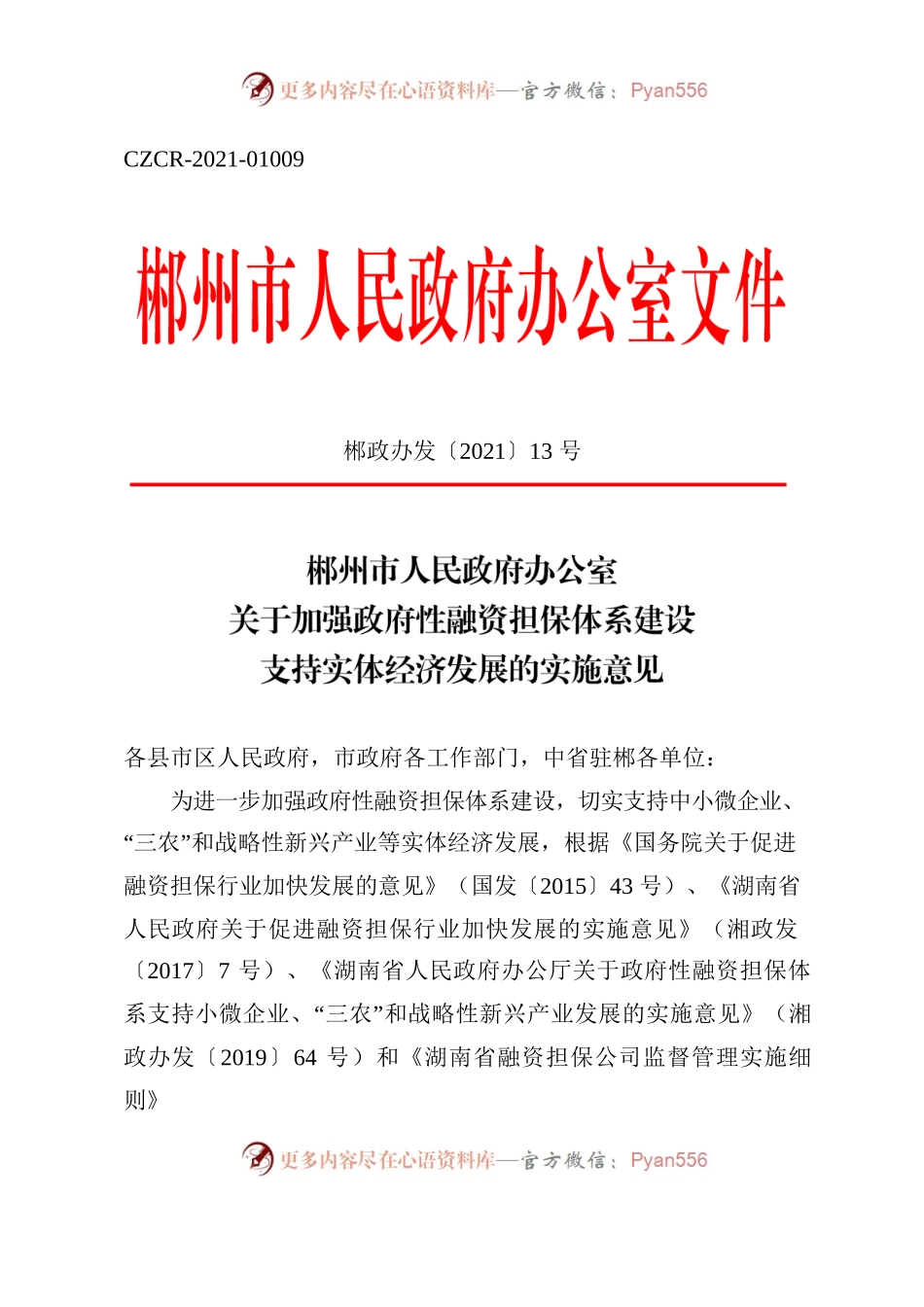 郴州市人民政府办公室关于加强政府性融资担保体系建设支持实体经济发展的实施意见.docx_第1页