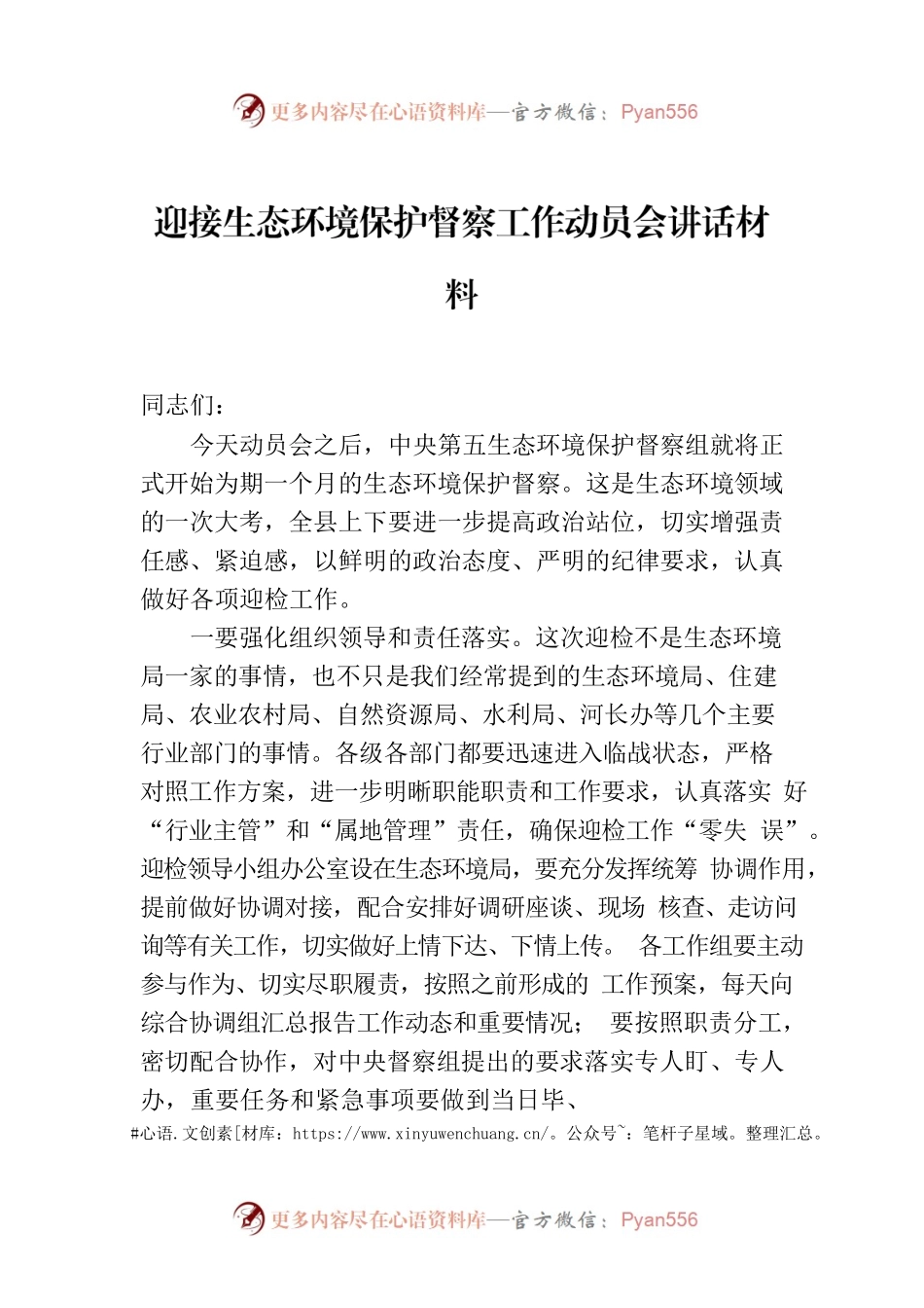 迎接生态环境保护督察工作动员会讲话材料.docx_第1页