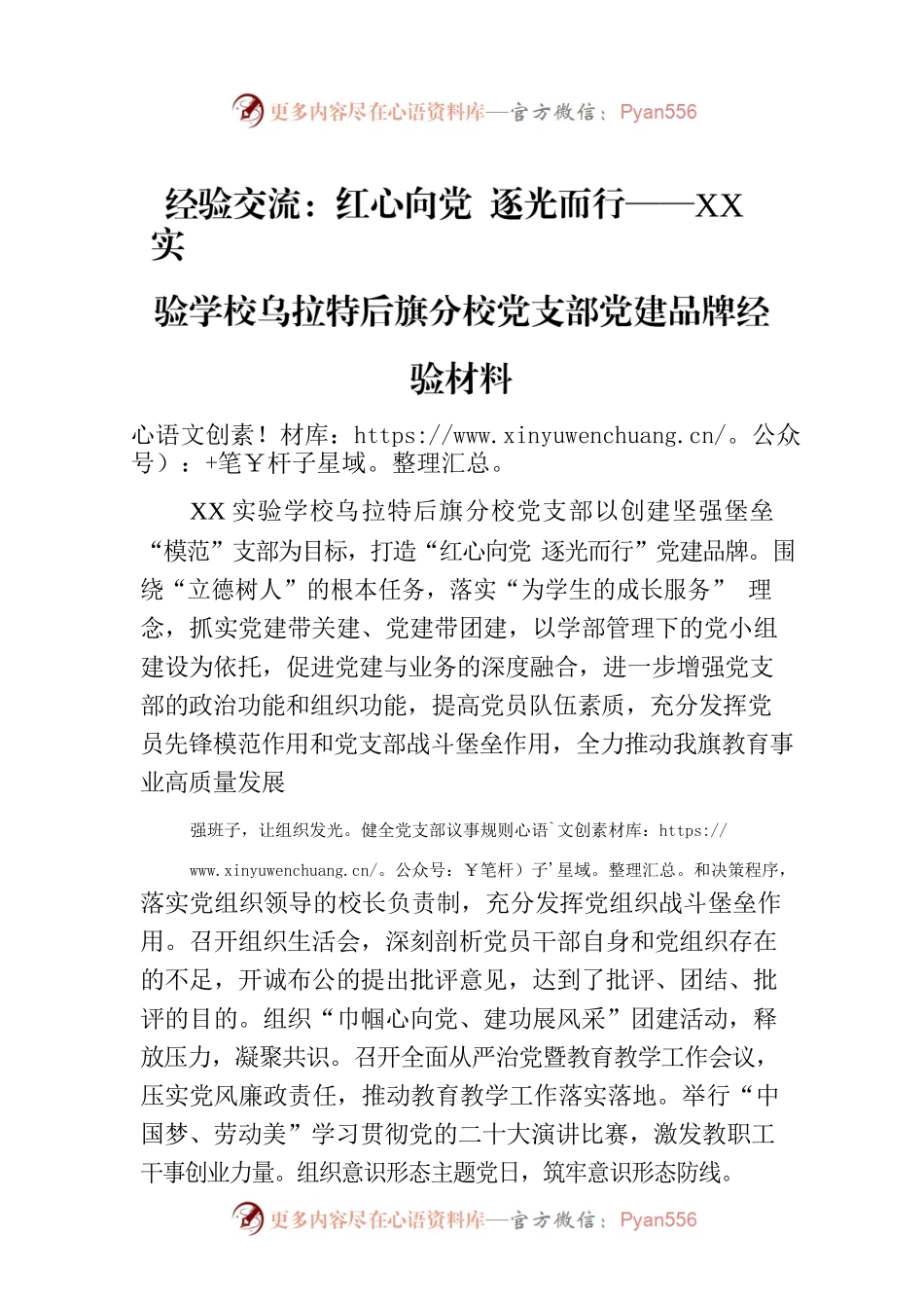 经验交流：红心向党 逐光而行——XX实验学校乌拉特后旗分校党支部党建品牌经验材料.docx_第1页