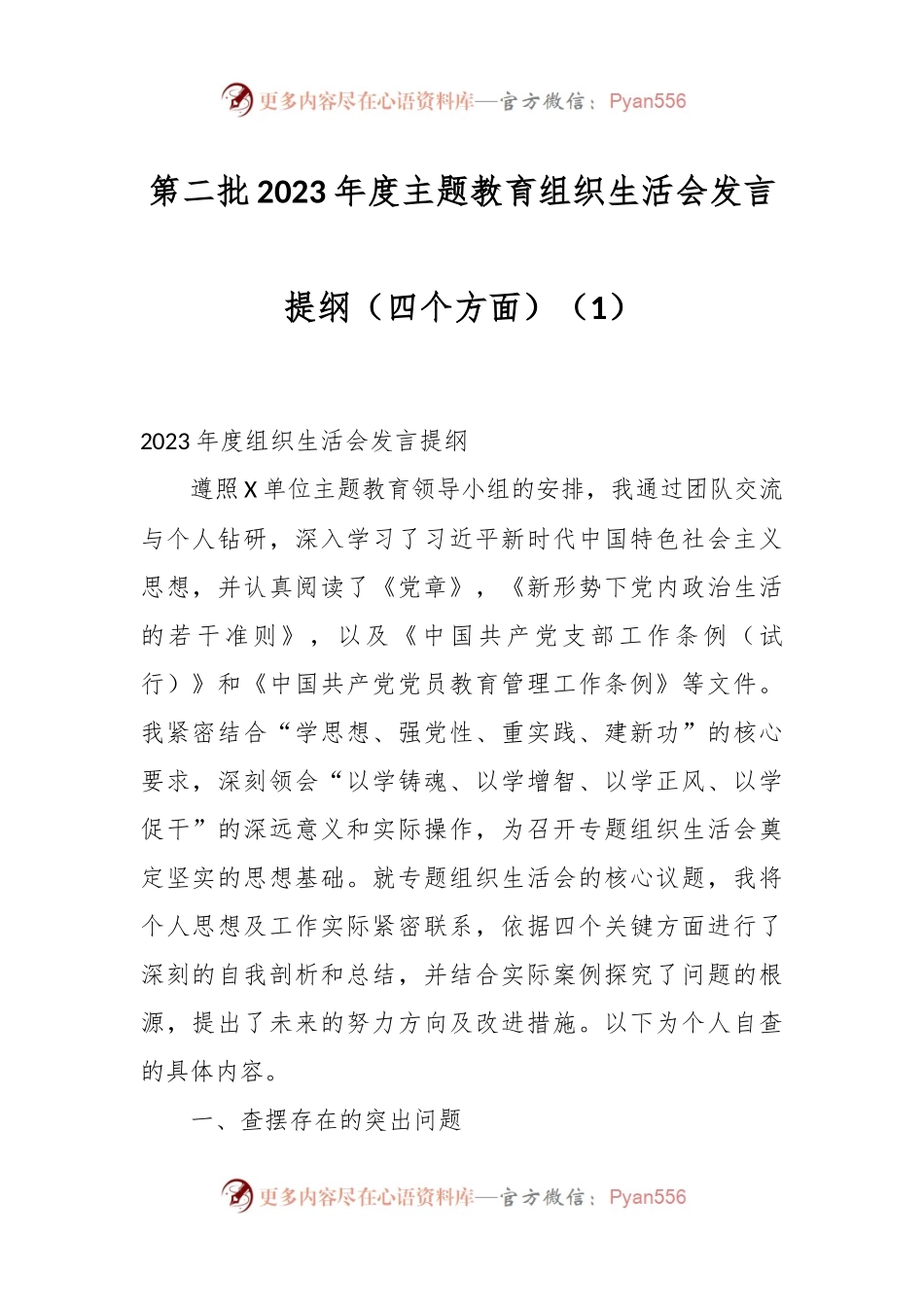第二批2023年度主题教育组织生活会发言稿提纲（四个方面）（1）.docx_第1页