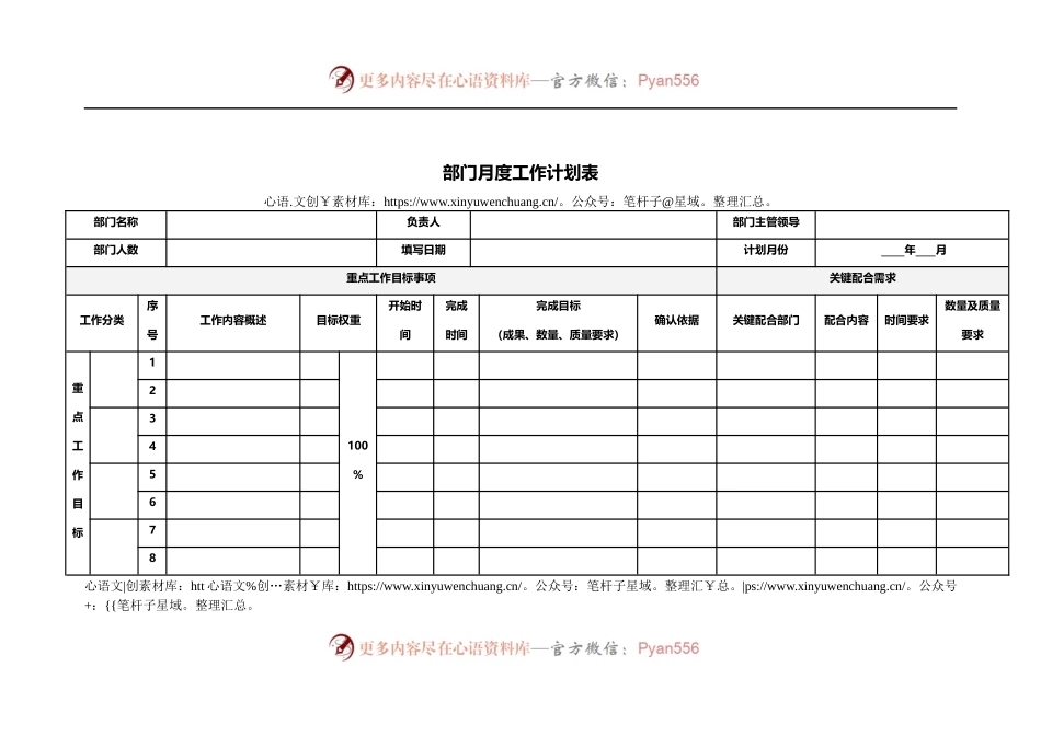 部门月度工作计划表.docx_第1页