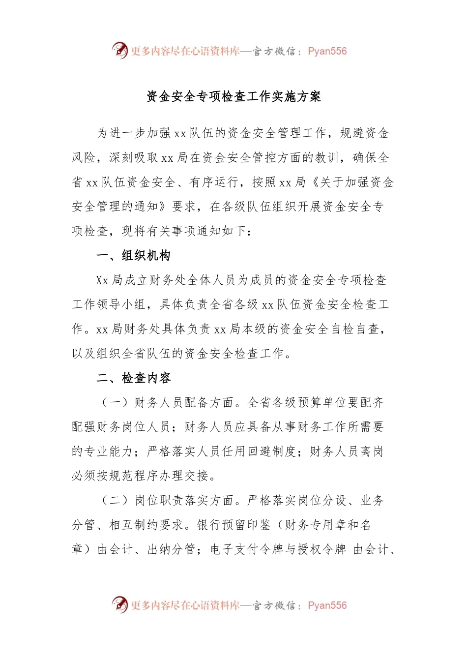资金安全专项检查工作实施方案.docx_第1页