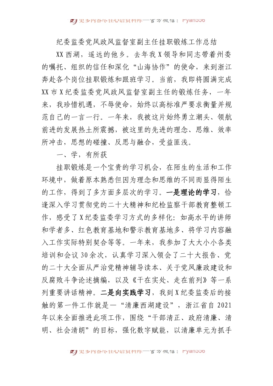 纪委监委党风政风监督室副主任挂职锻炼工作总结.docx_第1页