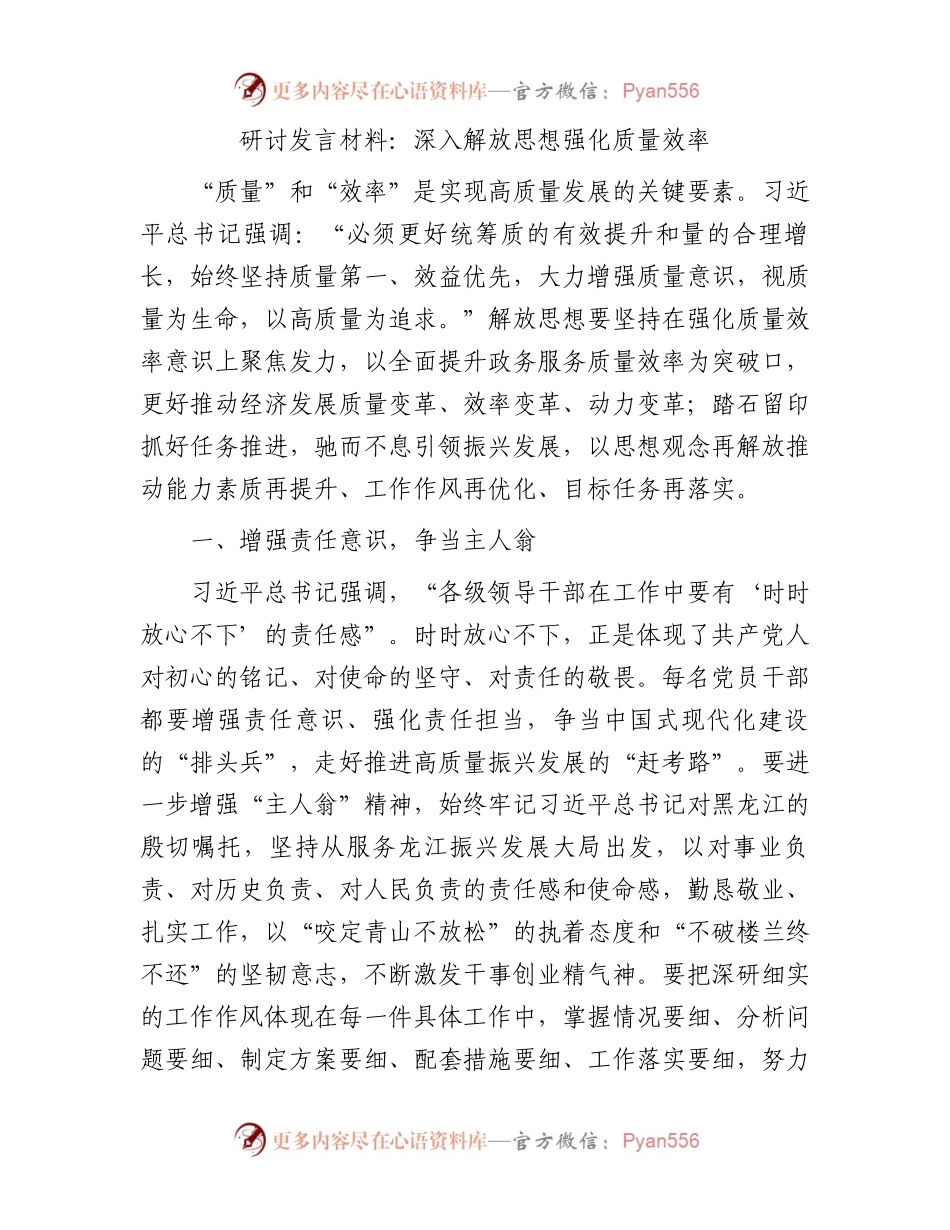 研讨发言：深入解放思想 强化质量效率.docx_第1页