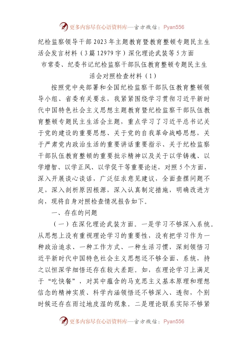 纪检监察领导干部2023年主题教育暨教育整顿专题民主生活会发言材料（3篇深化理论武装等5方面.docx_第1页