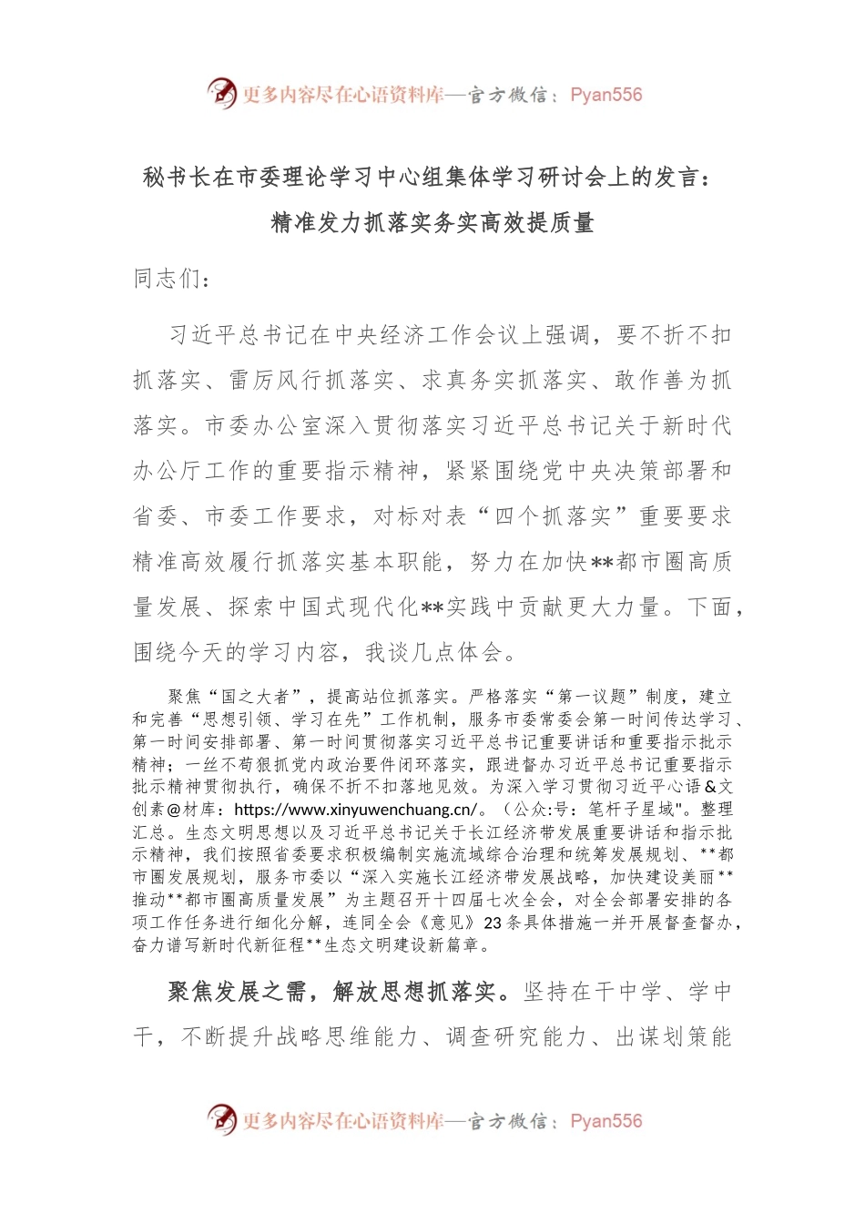 秘书长在市委理论学习中心组集体学习研讨会上的发言：精准发力抓落实 务实高效提质量.docx_第1页