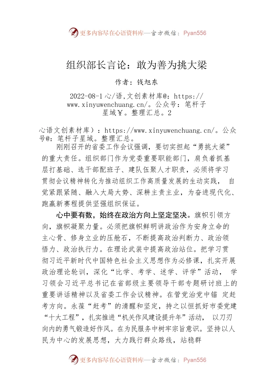 组织部长言论：敢为善为挑大梁.docx_第1页