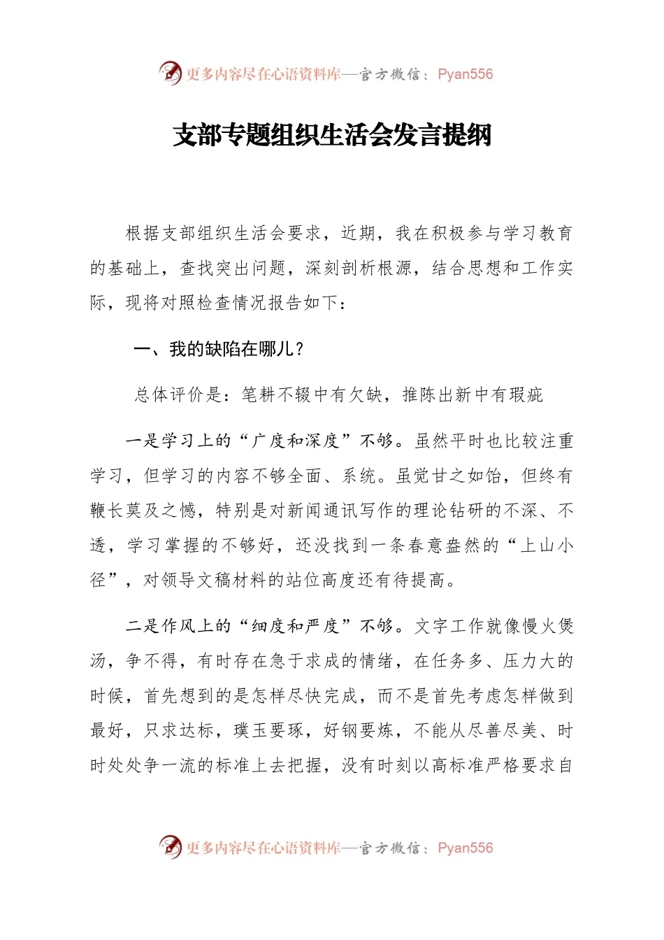 笔友分享支部专题组织生活会发言提纲.docx_第1页