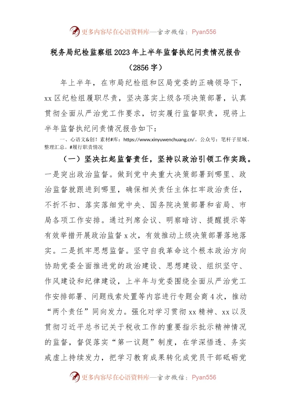 税务局纪检监察组2023年上半年监督执纪问责情况报告.docx_第1页