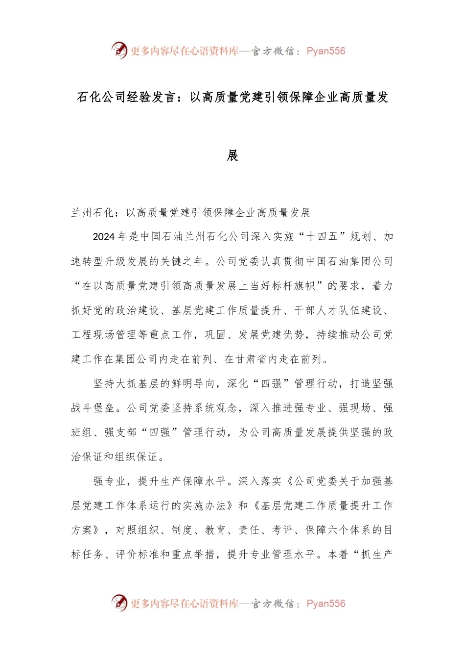 石化公司经验发言：以高质量党建引领保障企业高质量发展.docx_第1页