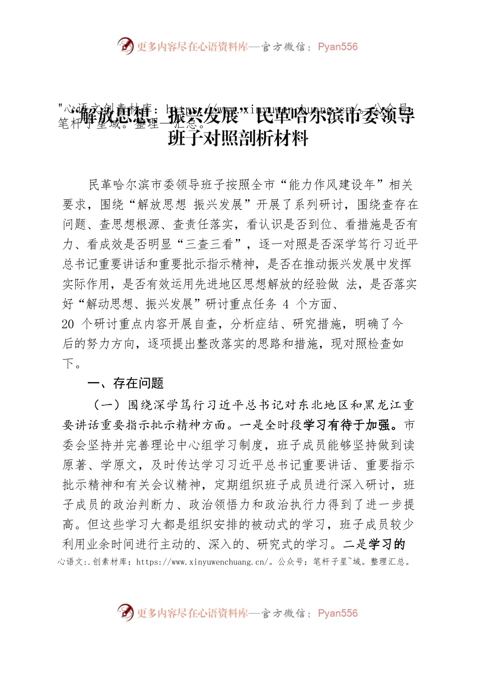 解放思想振兴发展领导班子对照检查材料.docx_第1页