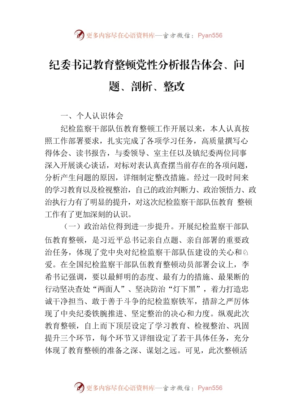 纪委书记教育整顿党性分析报告体会、问题、剖析、整改.docx_第1页