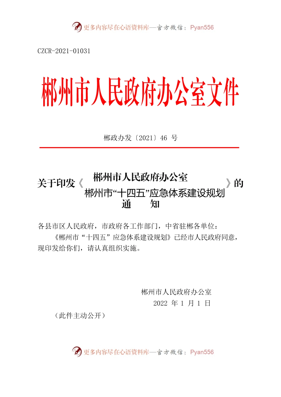 郴州市人民政府办公室关于印发《郴州市“十四五”应急体系建设规划》的通知.docx_第1页