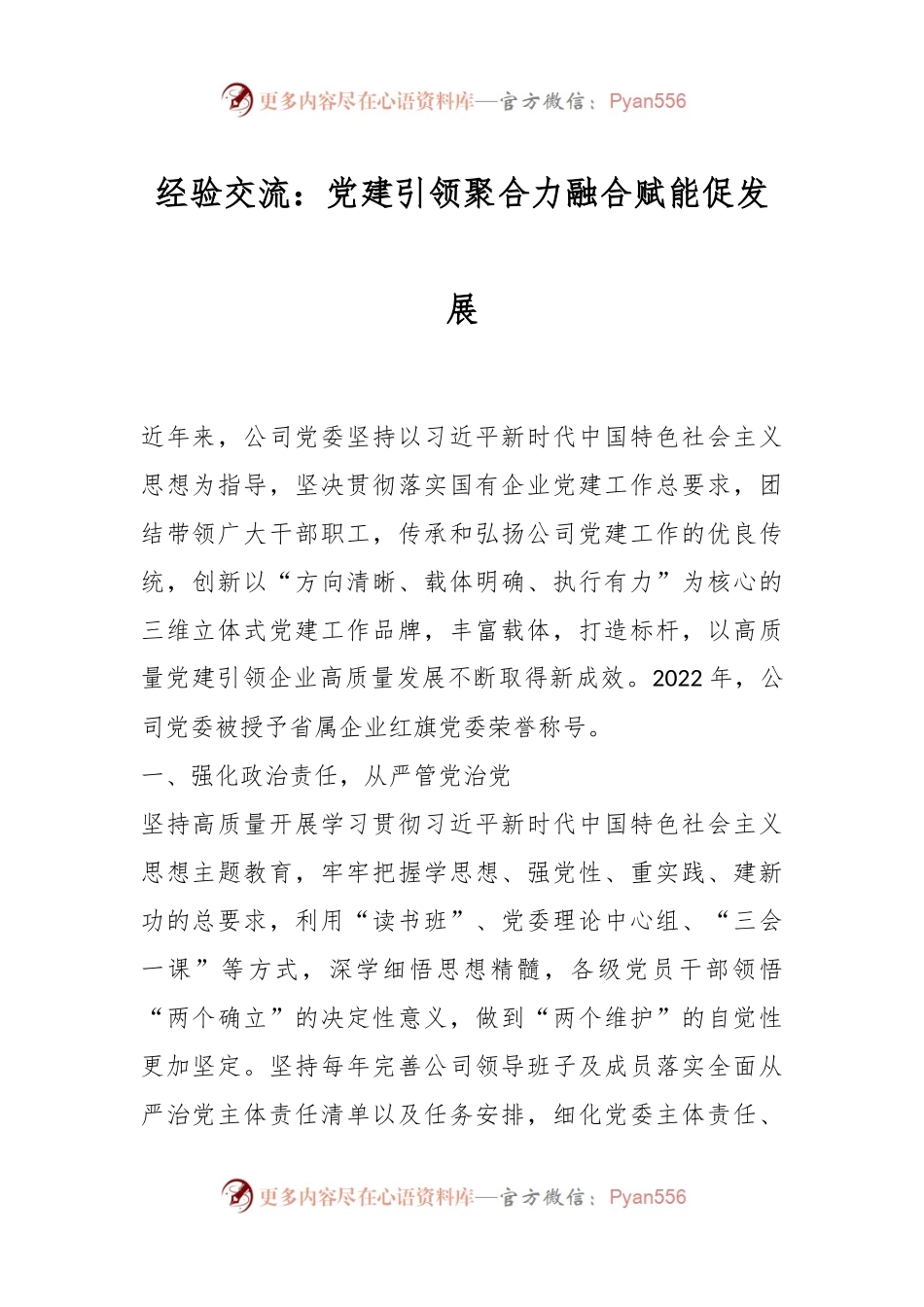 经验交流：党建引领聚合力 融合赋能促发展.docx_第1页
