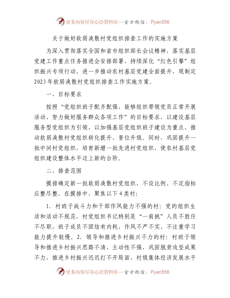 软弱涣散村党组织排查工作实施方案.docx_第1页