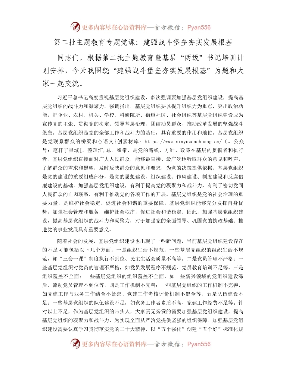 第二批主题教育专题党课：建强战斗堡垒夯实发展根基.docx_第1页