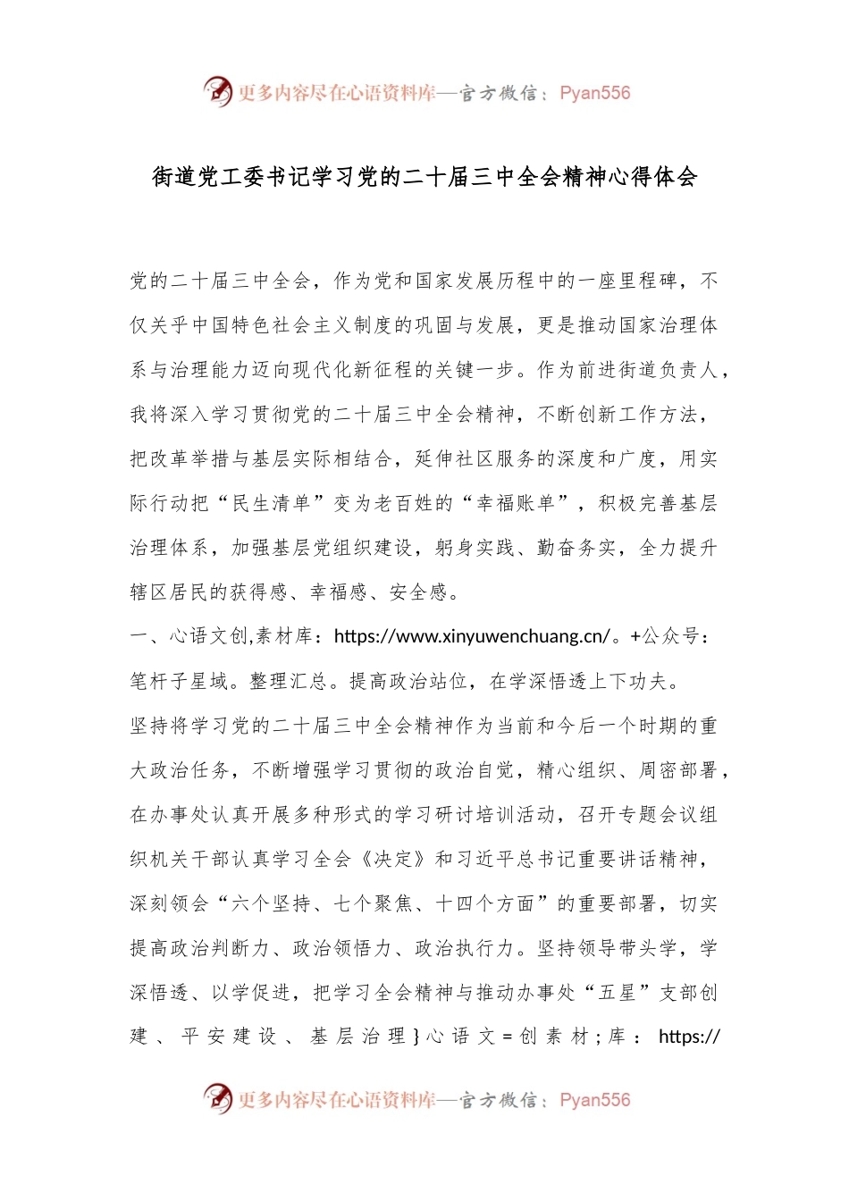 街道党工委书记学习党的二十届三中全会精神心得体会.docx_第1页