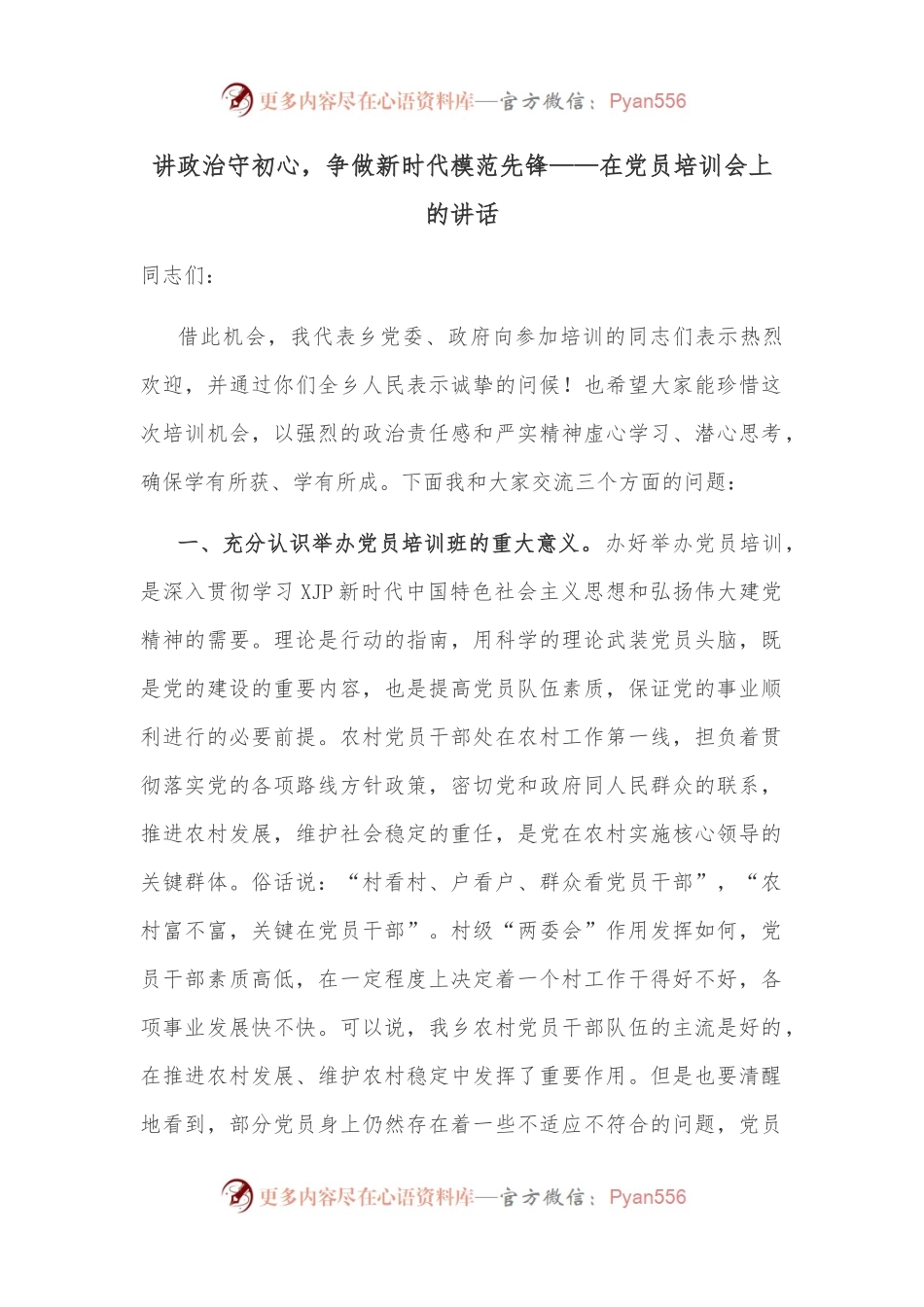 讲政治守初心，争做新时代模范先锋——在党员培训会上的讲话.docx_第1页