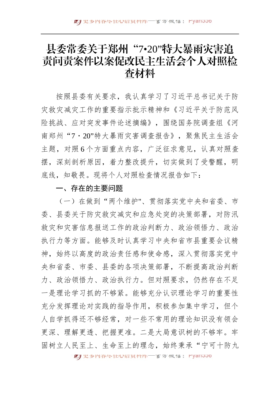 郑州“7.20”特大暴雨灾害追责问责案件以案促改民主生活会个人对照检查材料、发言讲话（3篇）.docx_第1页