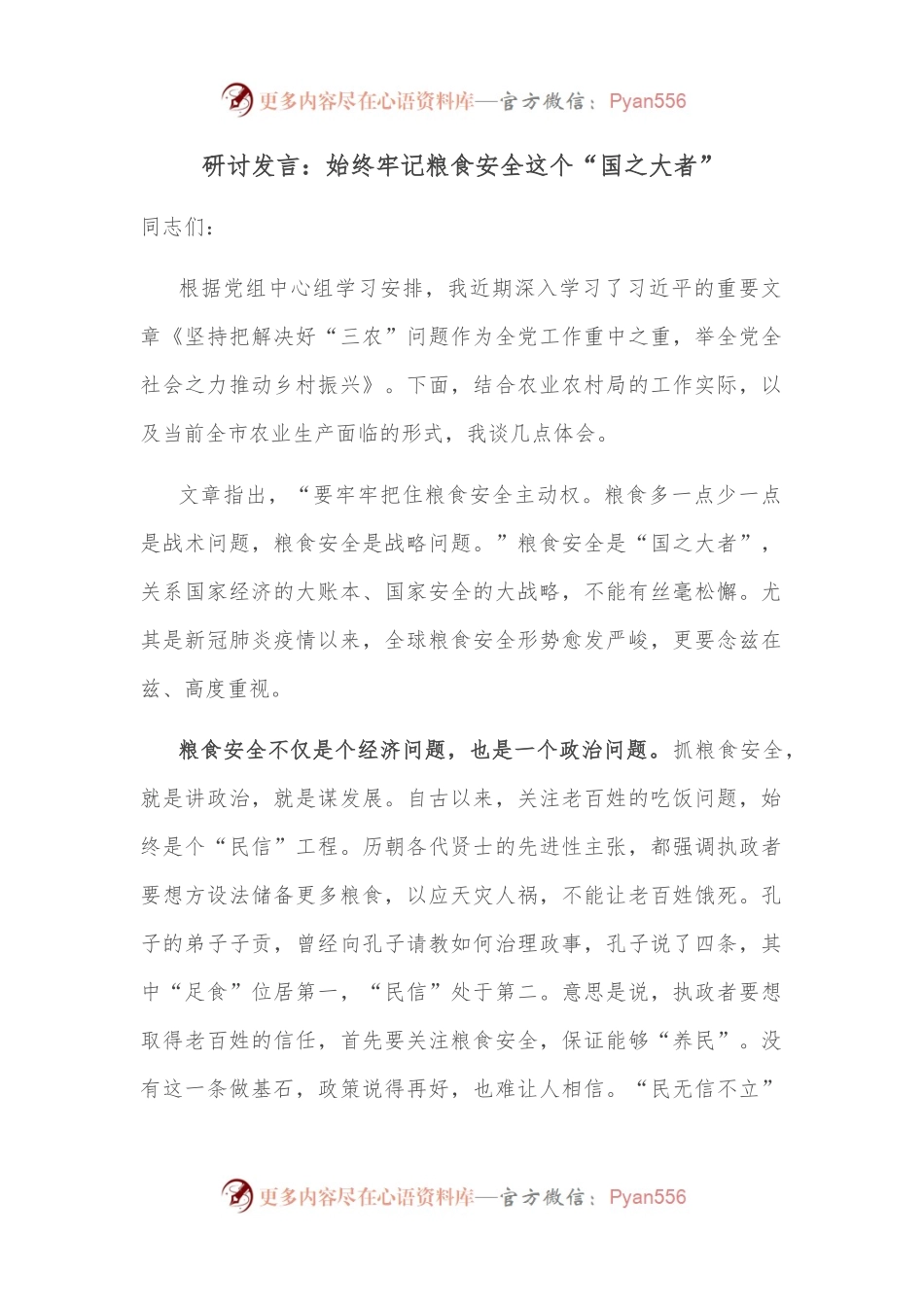 研讨发言：始终牢记粮食安全这个“国之大者”.docx_第1页