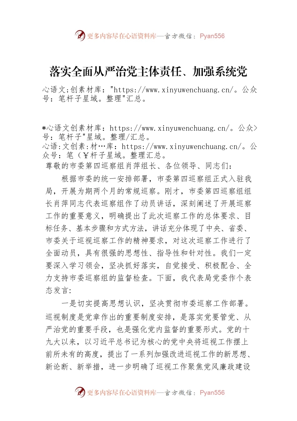 落实全面从严治党主体责任、加强系统党风廉政建设：在市委第四巡察组巡察市工信局工作动员会上的表态发言.docx_第1页