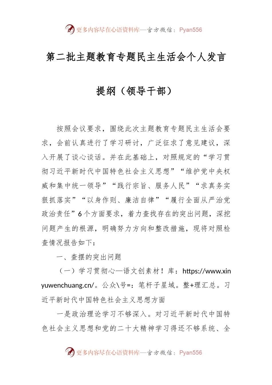 第二批主题教育专题民主生活会个人发言稿提纲（领导干部）.docx_第1页