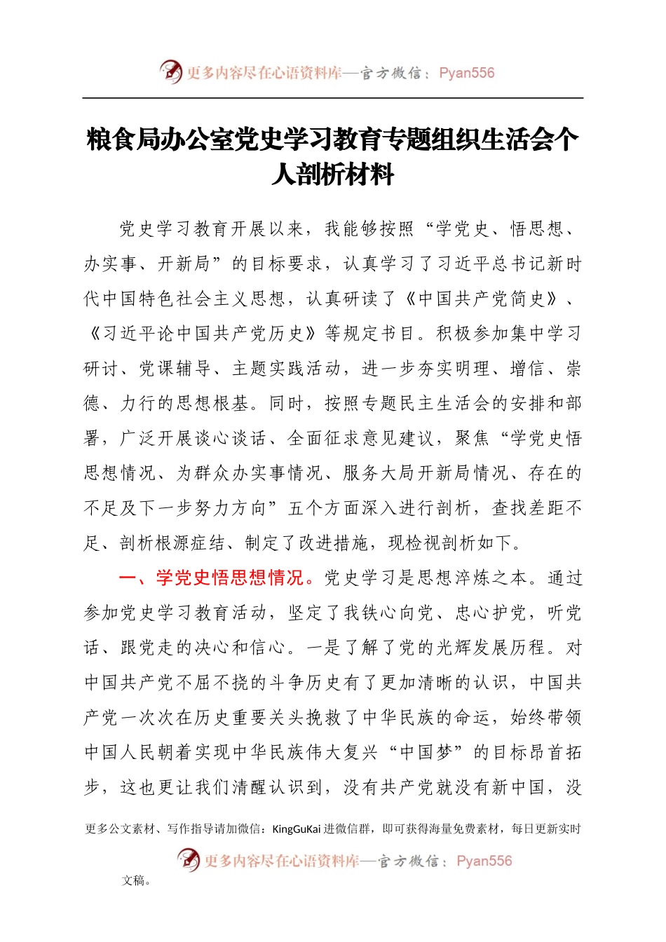 粮食局办公室党史学习教育专题组织生活会个人剖析材料.docx_第1页