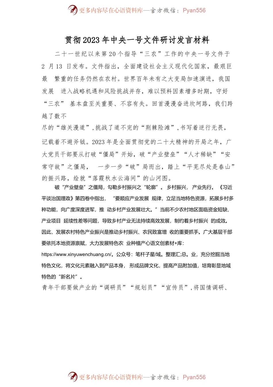 贯彻2023年中央一号文件研讨发言材料.docx_第1页