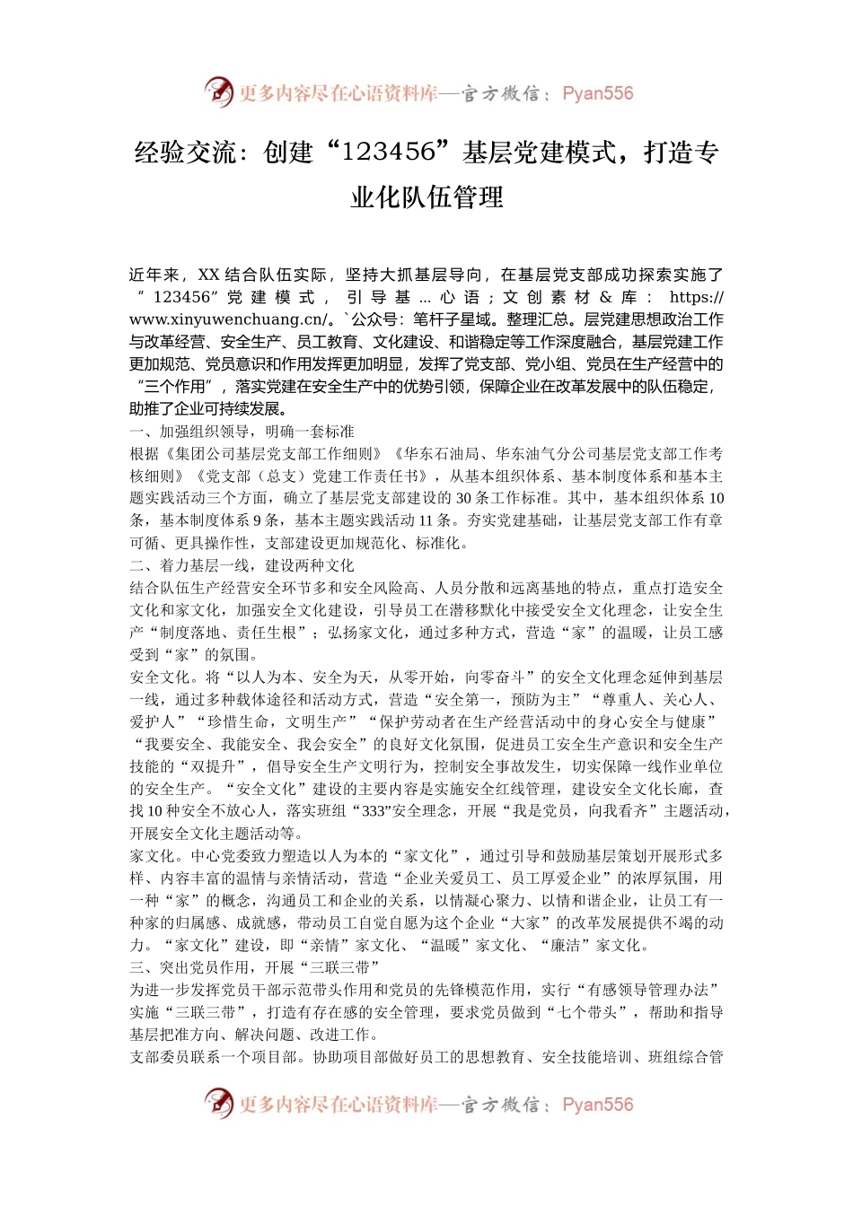 经验交流：创建“123456”基层党建模式，打造专业化队伍管理.docx_第1页