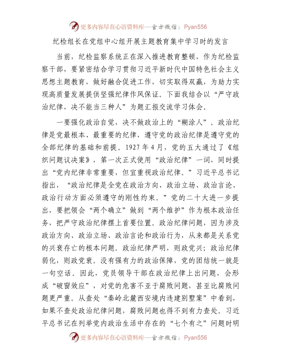 纪检组长在主题教育集中学习时的研讨发言（结合教育整顿）.docx_第1页