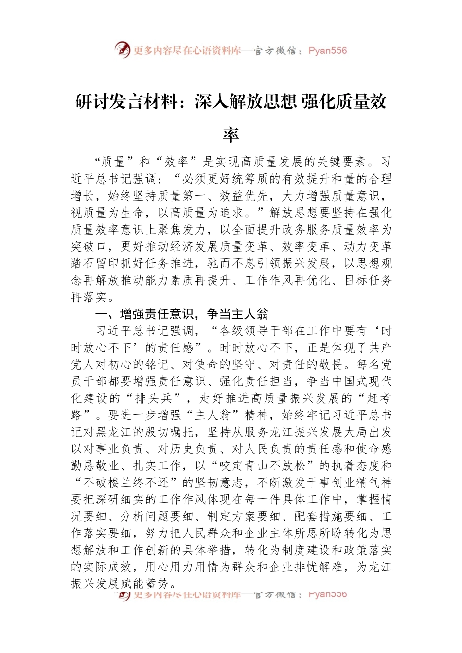 研讨发言材料：深入解放思想+强化质量效率.docx_第1页