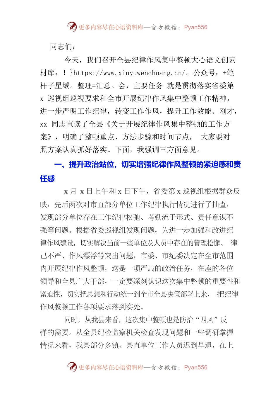 纪律作风集中整顿工作会议发言稿.docx_第1页