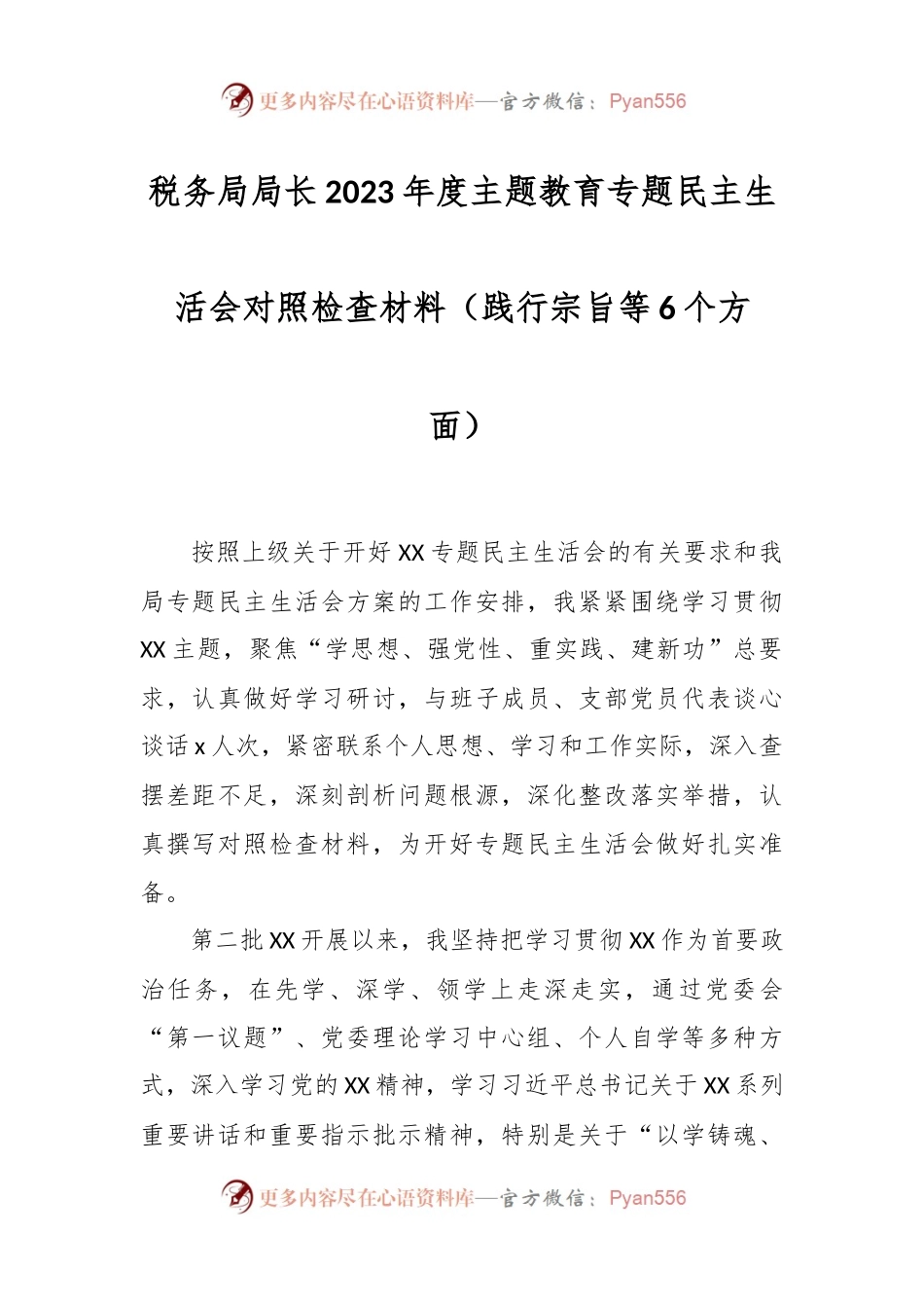 税务局局长2023年度主题教育专题民主生活会对照检查材料（践行宗旨等6个方面）.docx_第1页