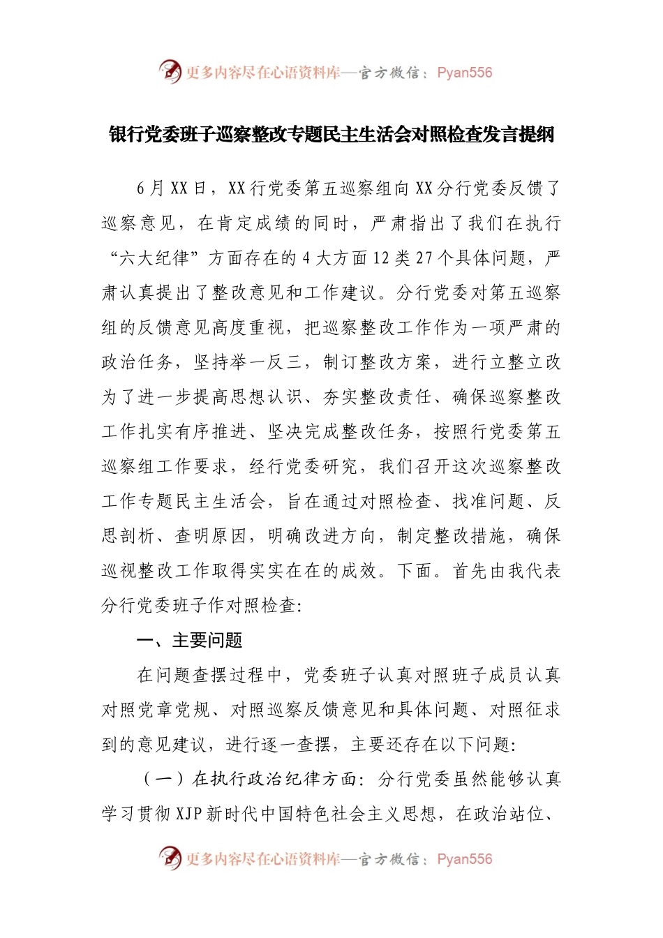 银行巡察整改专题民主生活会【领导班子】对照检查发言提纲.docx_第1页