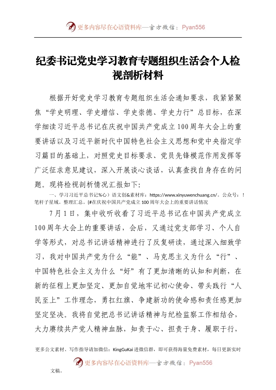 纪委书记党史学习教育专题组织生活会个人检视剖析材料.docx_第1页