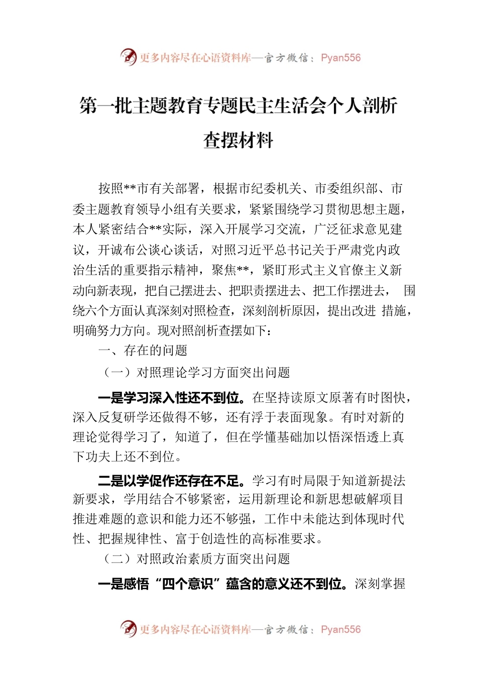 第一批主题教育专题民主生活会个人剖析查摆材料.docx_第1页