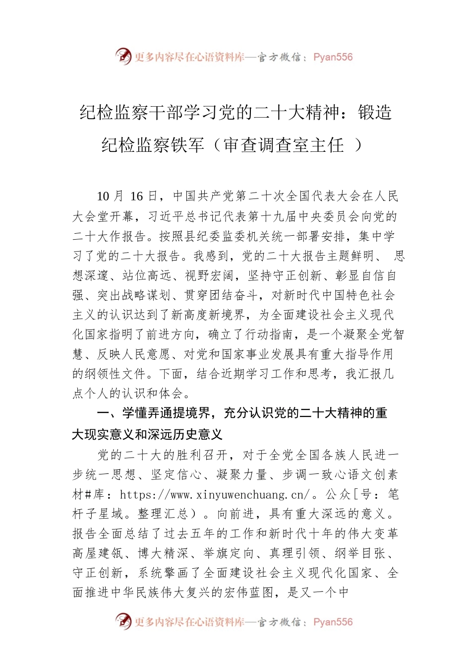 纪检监察干部学习党的二十大精神：锻造纪检监察铁军（审查调查室主任 ）.docx_第1页