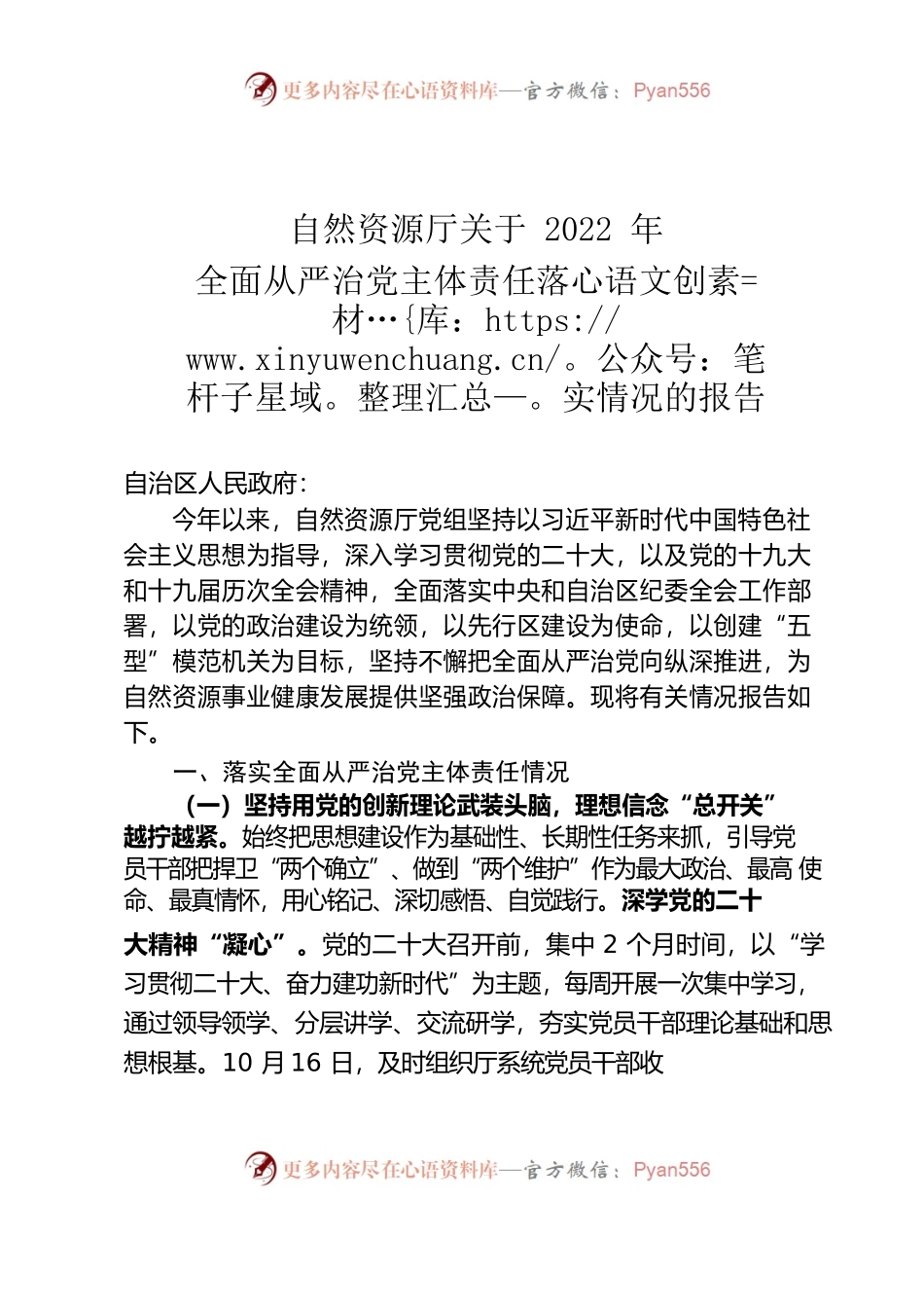自然资源厅关于2022 年全面从严治党主体责任落实情况的报告.docx_第1页