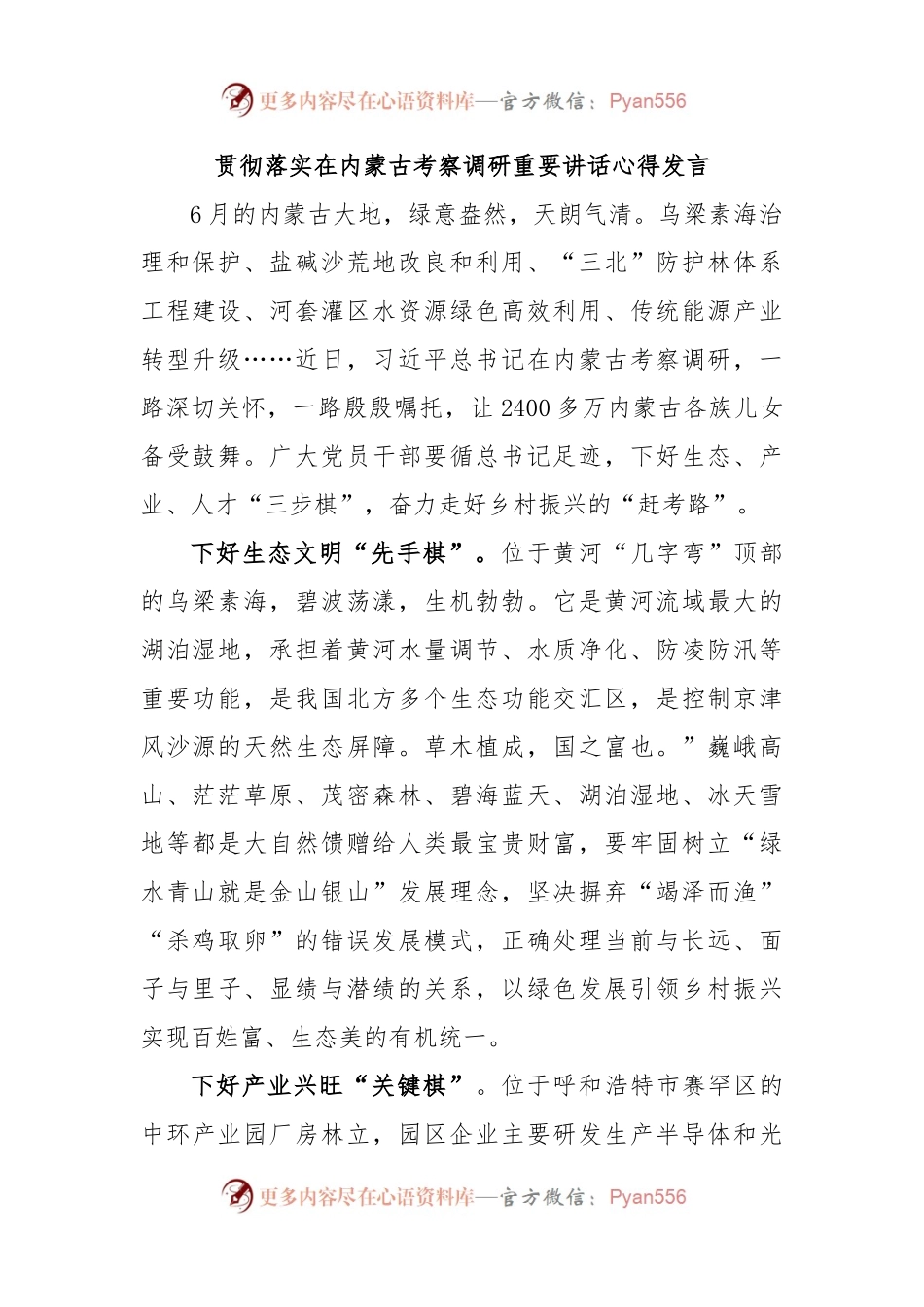 贯彻落实在内蒙古考察调研重要讲话心得发言.docx_第1页